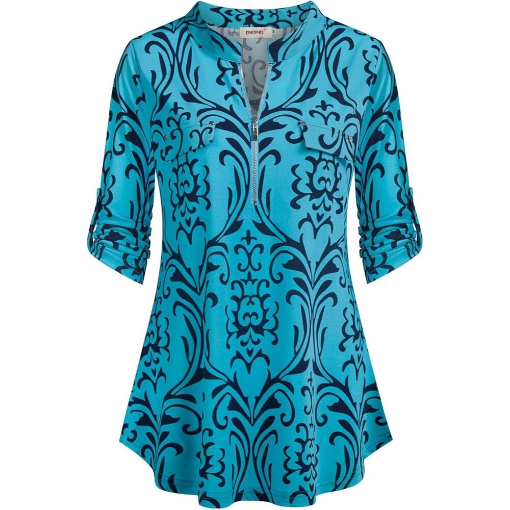 Womens Aqua Floral 3/4 Sleeve Shirts Zip V Neck Work Chiffon Top
